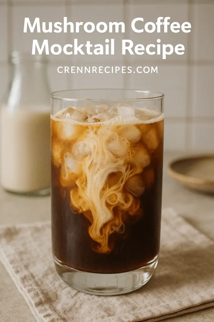Pinterest image of mushroom coffee mocktail with branding overlay
