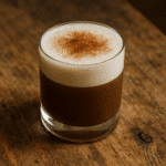 Served mushroom coffee mocktail with creamy top and cinnamon on wood table