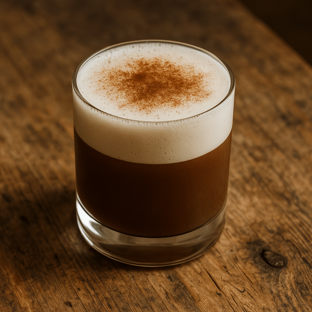 Served mushroom coffee mocktail with creamy top and cinnamon on wood table