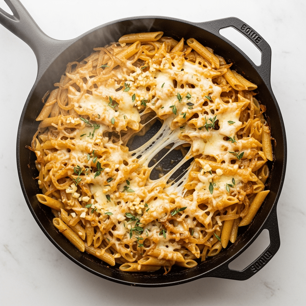 One-pan French onion pasta in cast iron skillet with golden caramelized onions and melted gruyere cheese