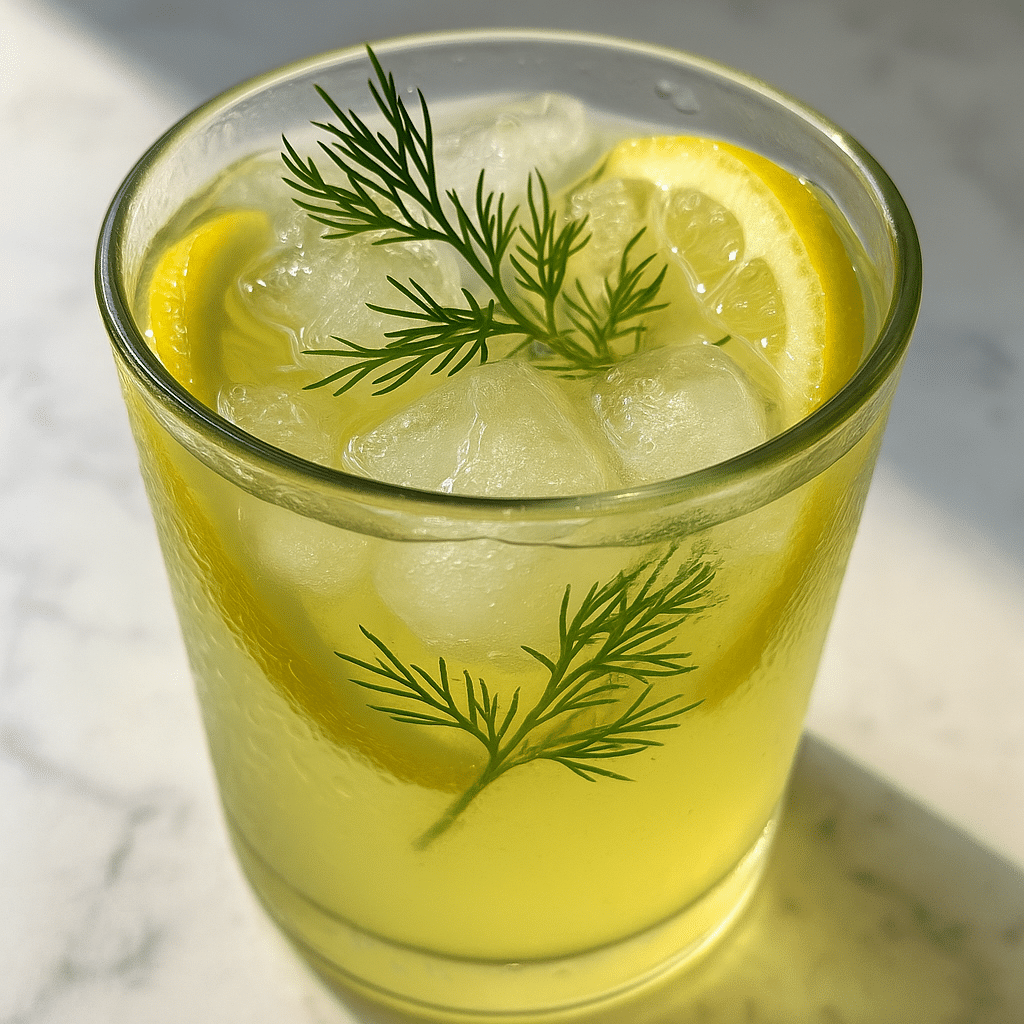 Pickle lemonade served with lemon and dill in glass