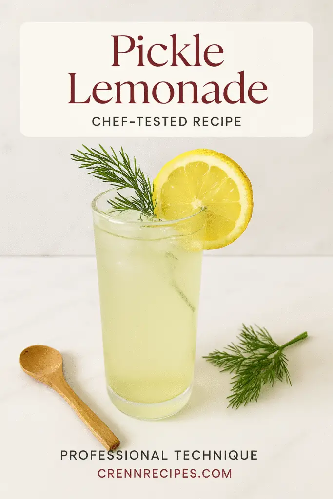 Refreshing homemade pickle lemonade in glass with lemon slice and dill