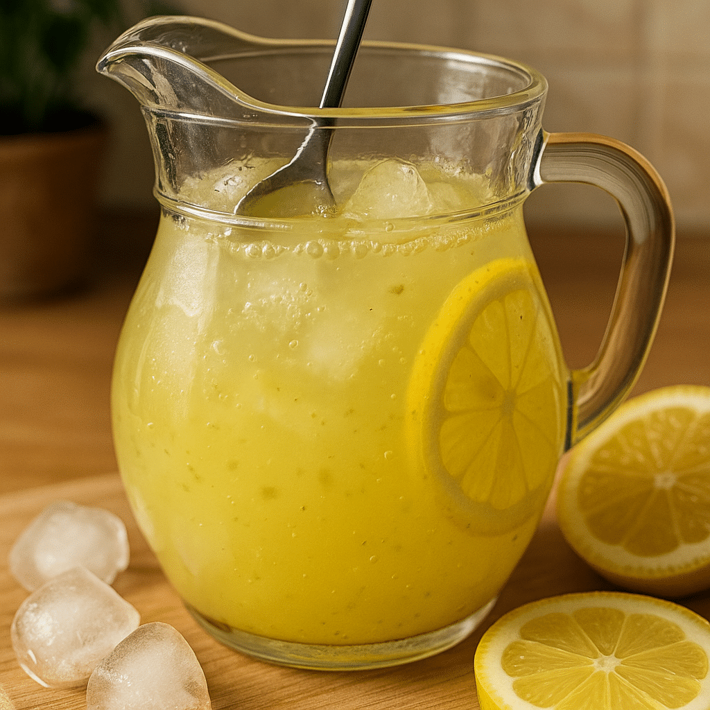 Stirring lemon and pickle brine for pickle lemonade