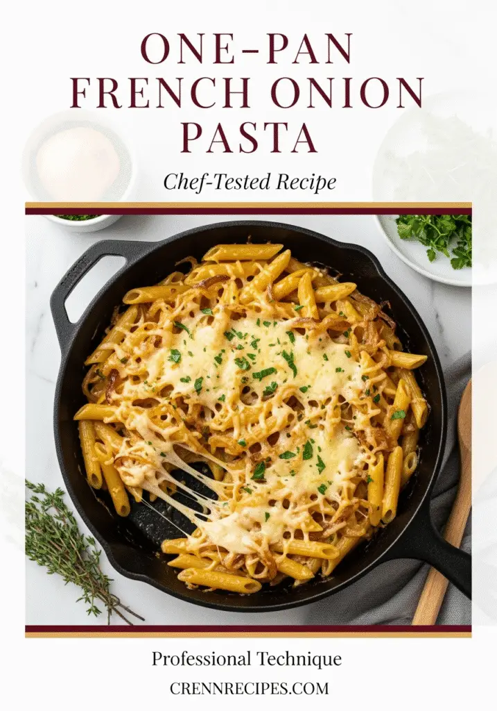 One-pan French onion pasta Pinterest recipe pin from CrennRecipes.com featuring 20-minute cooking time