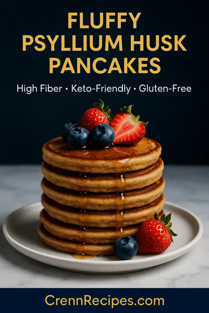 Pinterest pin for psyllium husk pancakes recipe featuring CrennRecipes.com branding and recipe details