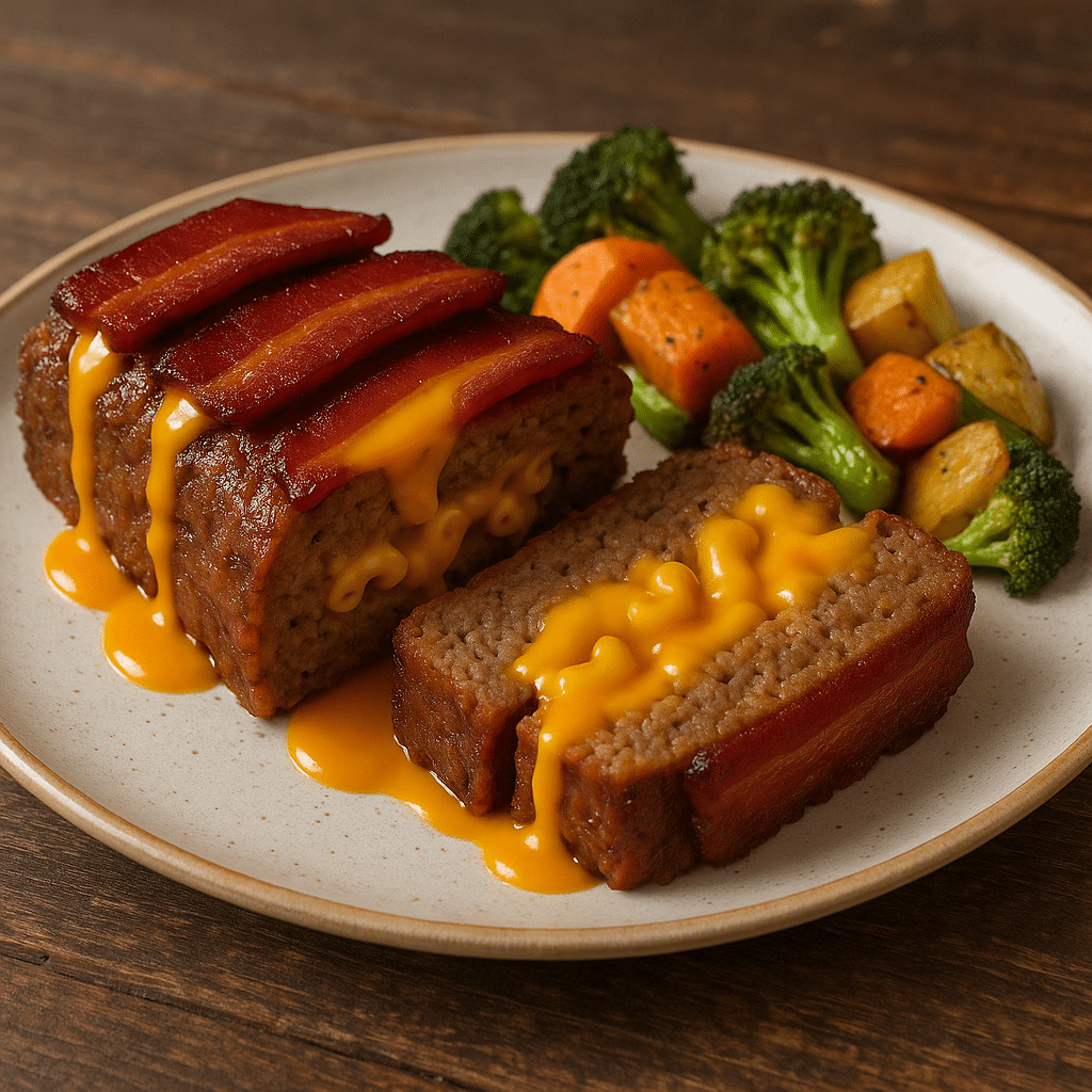 Served Bacon Mac and Cheese Stuffed Meatloaf with roasted veggies