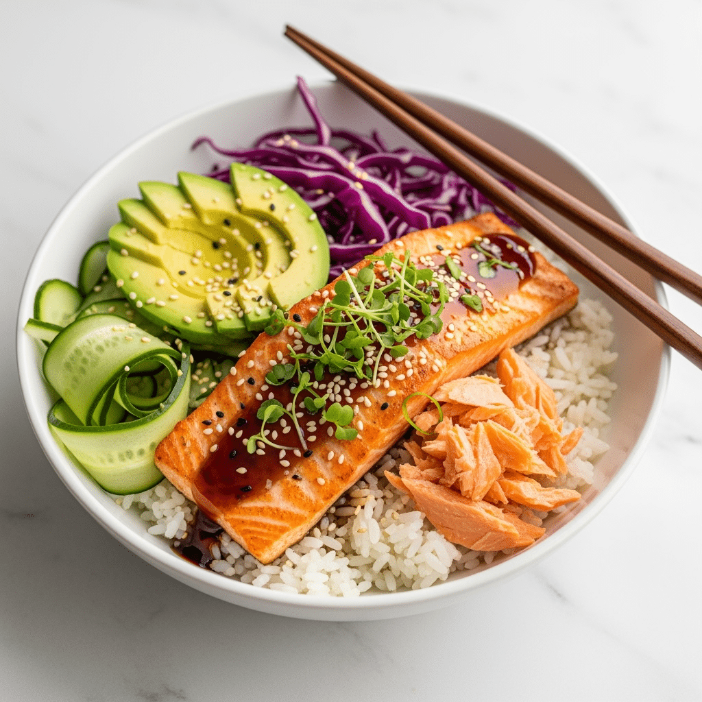 Elegantly plated salmon rice bowl with colorful toppings and teriyaki sauce presentation