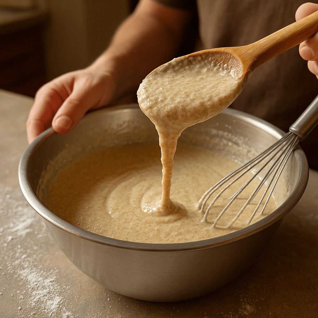 Thick psyllium husk pancake batter in mixing bowl showing proper consistency after resting period