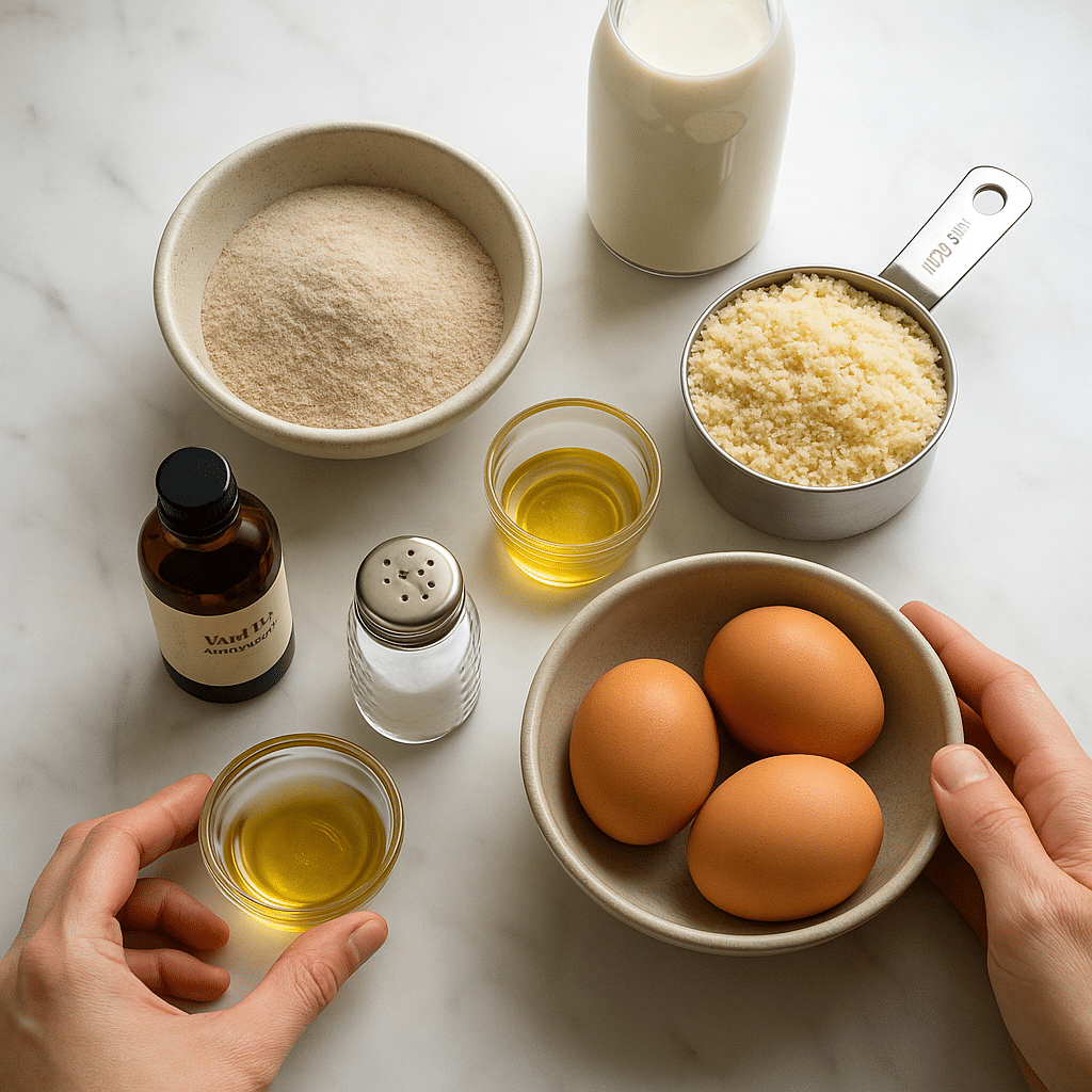 Psyllium husk pancake ingredients flat lay including psyllium powder, almond flour, eggs on marble countertop