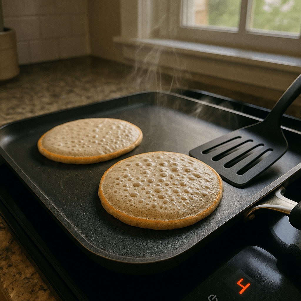 Psyllium husk pancakes cooking on griddle with bubbles forming and golden edges visible