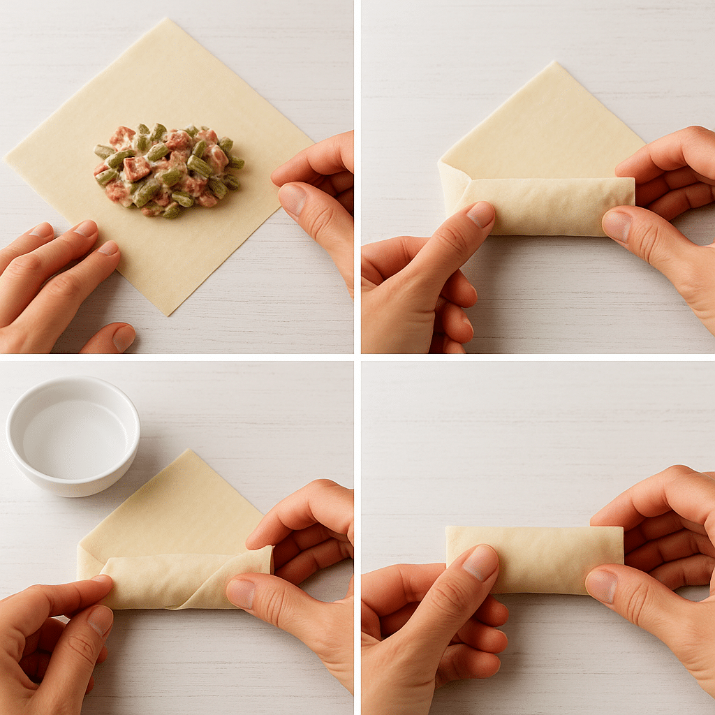 Rolling and sealing bacon green bean casserole egg rolls