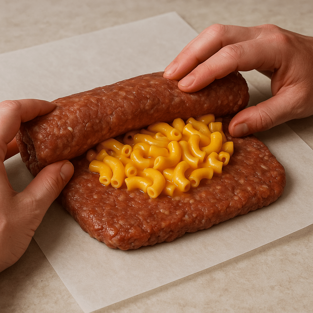 Rolling mac and cheese into meatloaf base