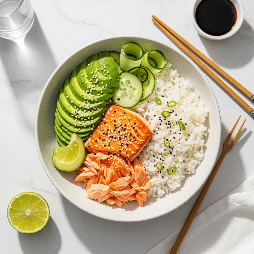 Fresh salmon rice bowl ingredients including salmon fillet, jasmine rice, and ice cubes for cooking technique