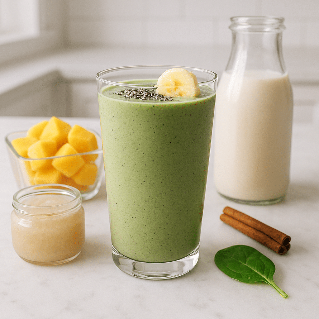 Sea moss smoothies with banana, mango, chia, and almond milk