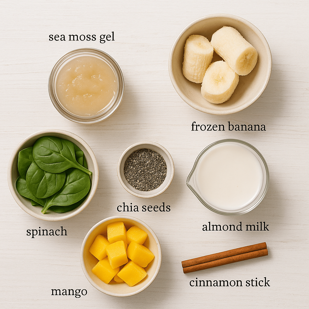 Sea moss smoothie ingredients on a white wood background