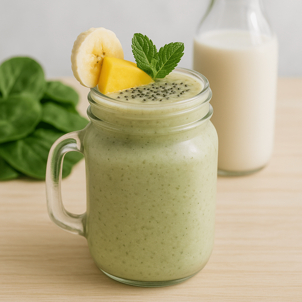 Served sea moss smoothie in mason jar with smoothie ingredients