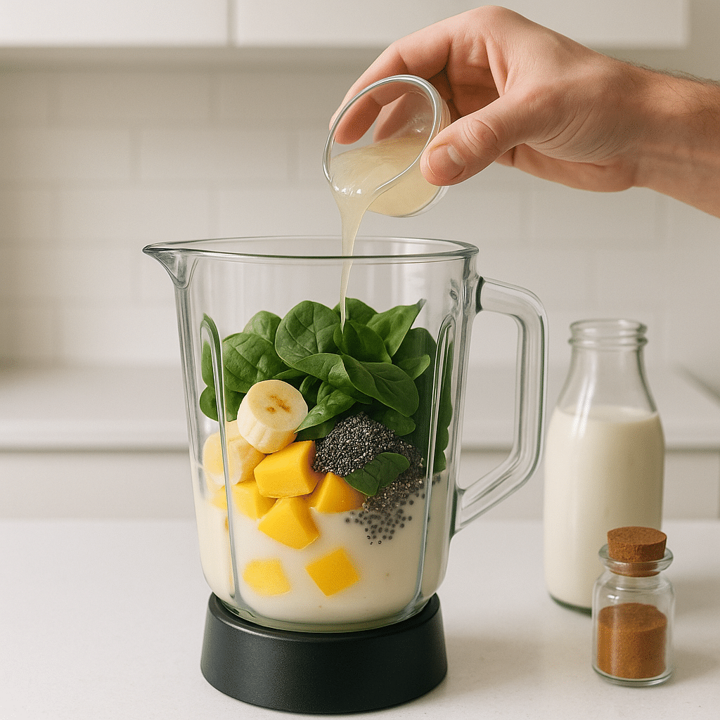 Blending process of sea moss smoothie with consistent ingredients