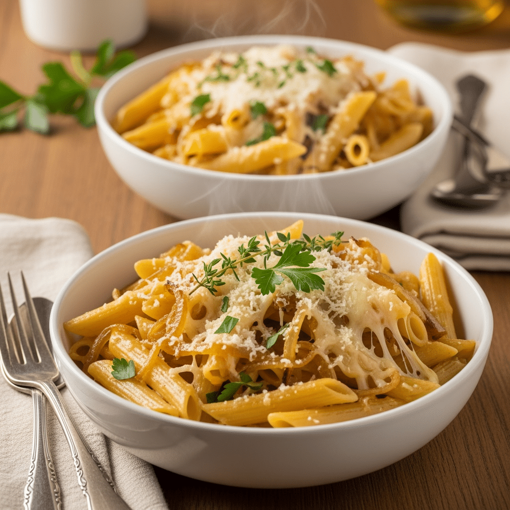Beautifully plated one-pan French onion pasta served in white ceramic bowls with fresh parsley garnish