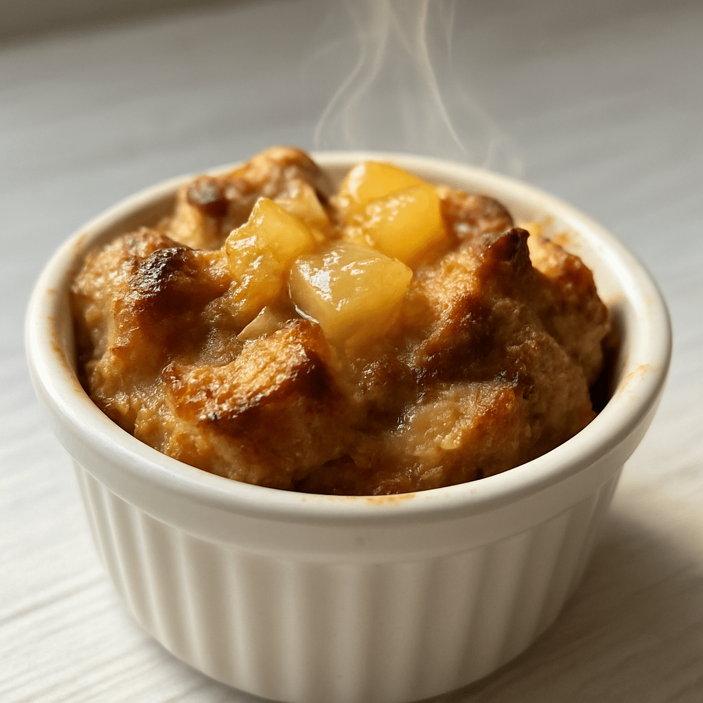 Single-serve apple French toast casserole baked in ramekin