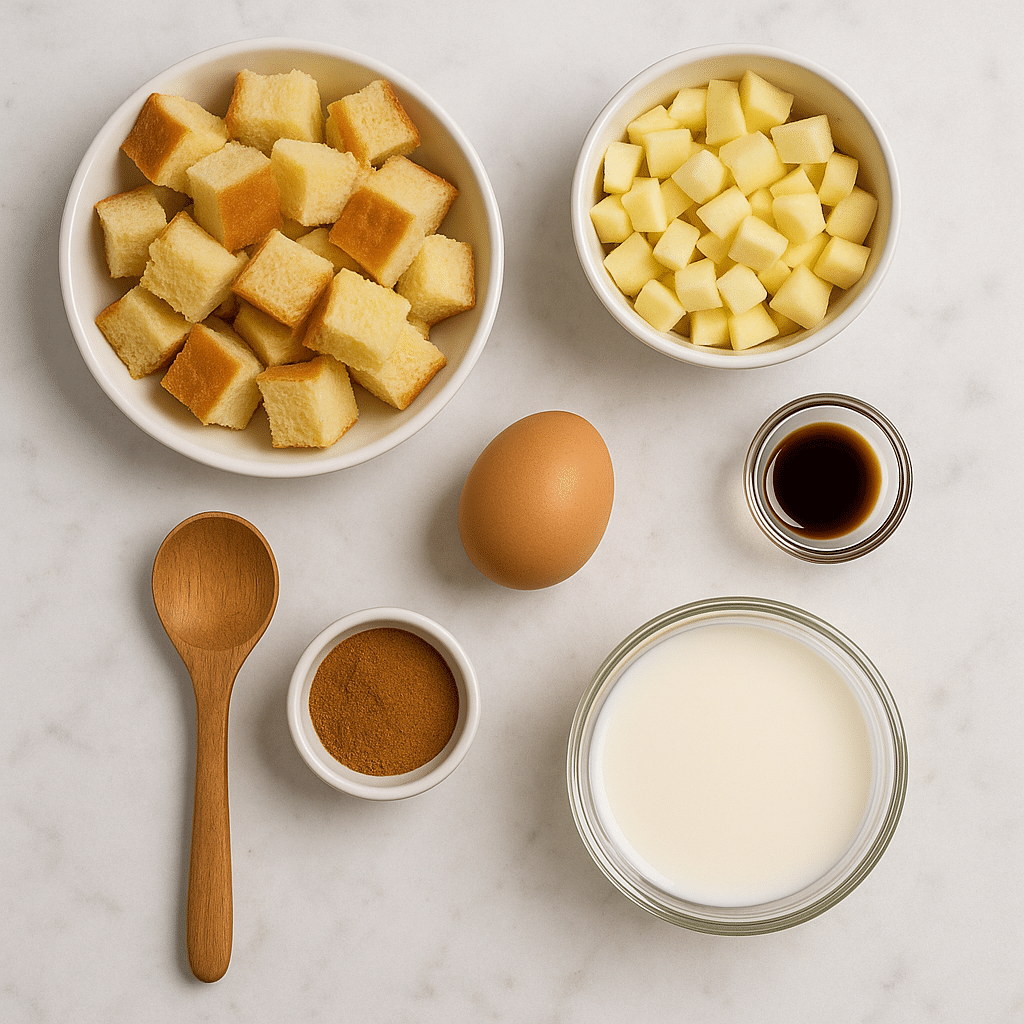 Ingredients for single-serve apple French toast casserole laid out on white surface