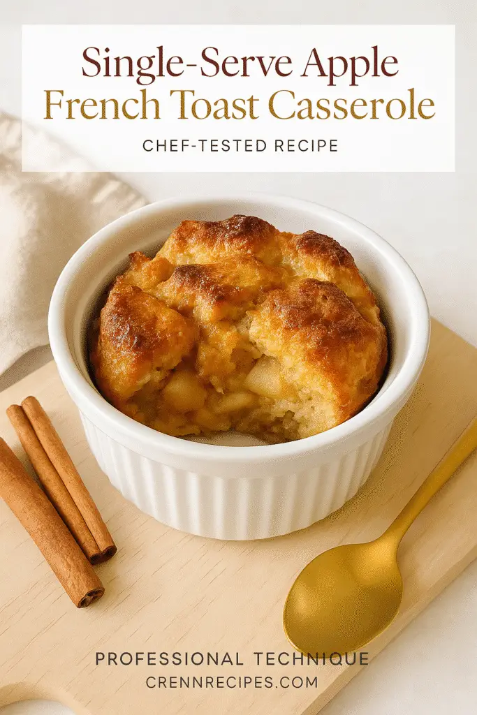 Pinterest-style vertical image of single-serve apple French toast casserole with golden crust in ramekin on light wood, chef-tested recipe overlay