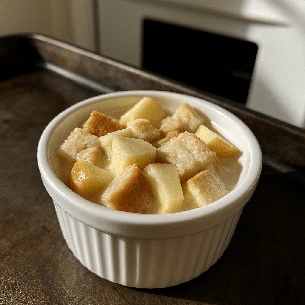 Ramekin of unbaked single-serve apple French toast casserole going into oven