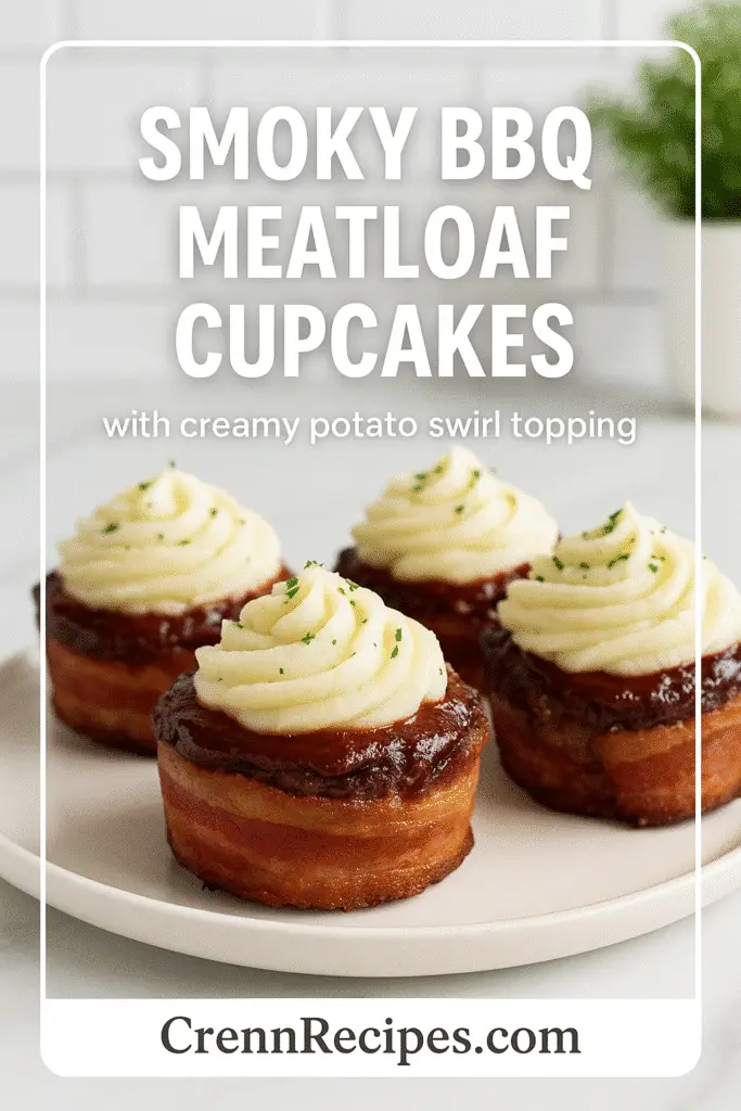 Smoky bourbon BBQ bacon-wrapped meatloaf cupcakes topped with mashed potato frosting, styled for Pinterest sharing