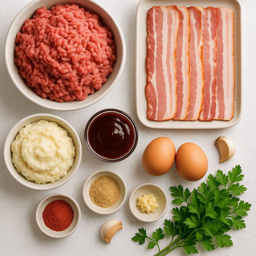 Ingredients for smoky bourbon BBQ bacon-wrapped meatloaf cupcakes