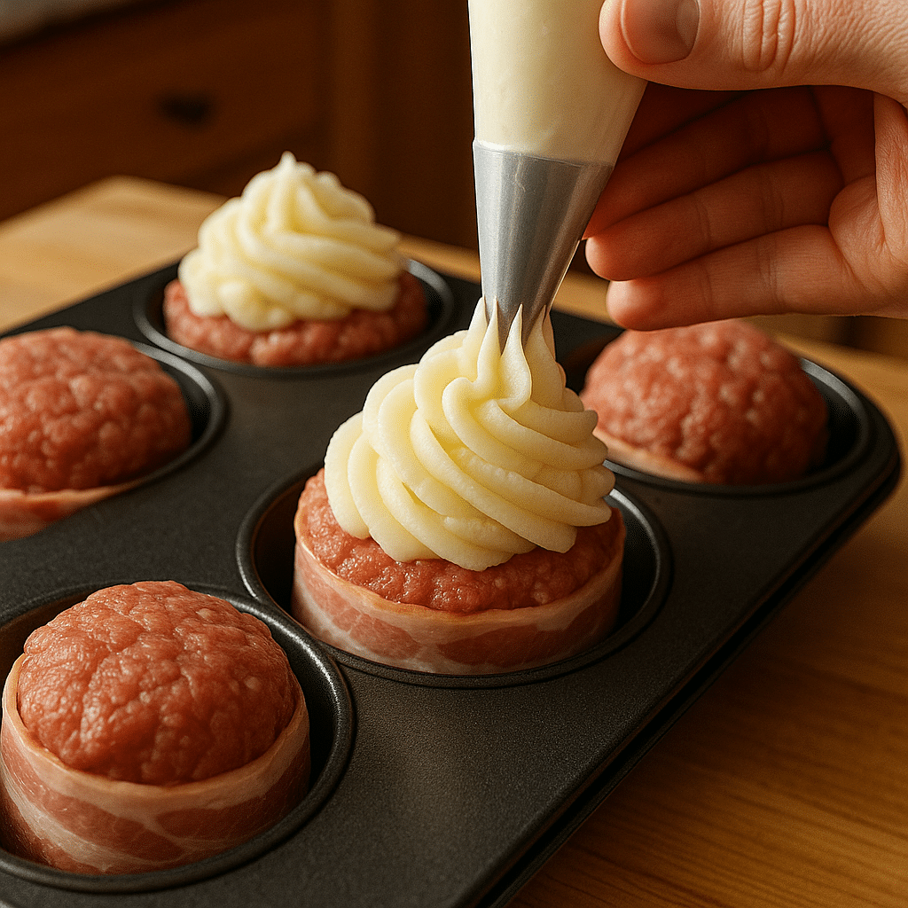 Piping mashed potatoes on uncooked bacon-wrapped meatloaf cupcakes