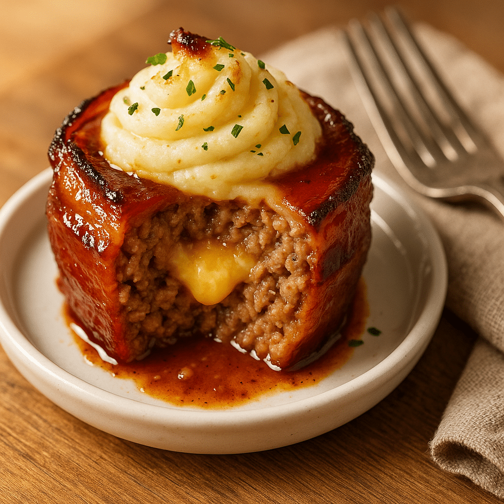 Sliced smoky bourbon BBQ bacon-wrapped meatloaf cupcake served on a plate