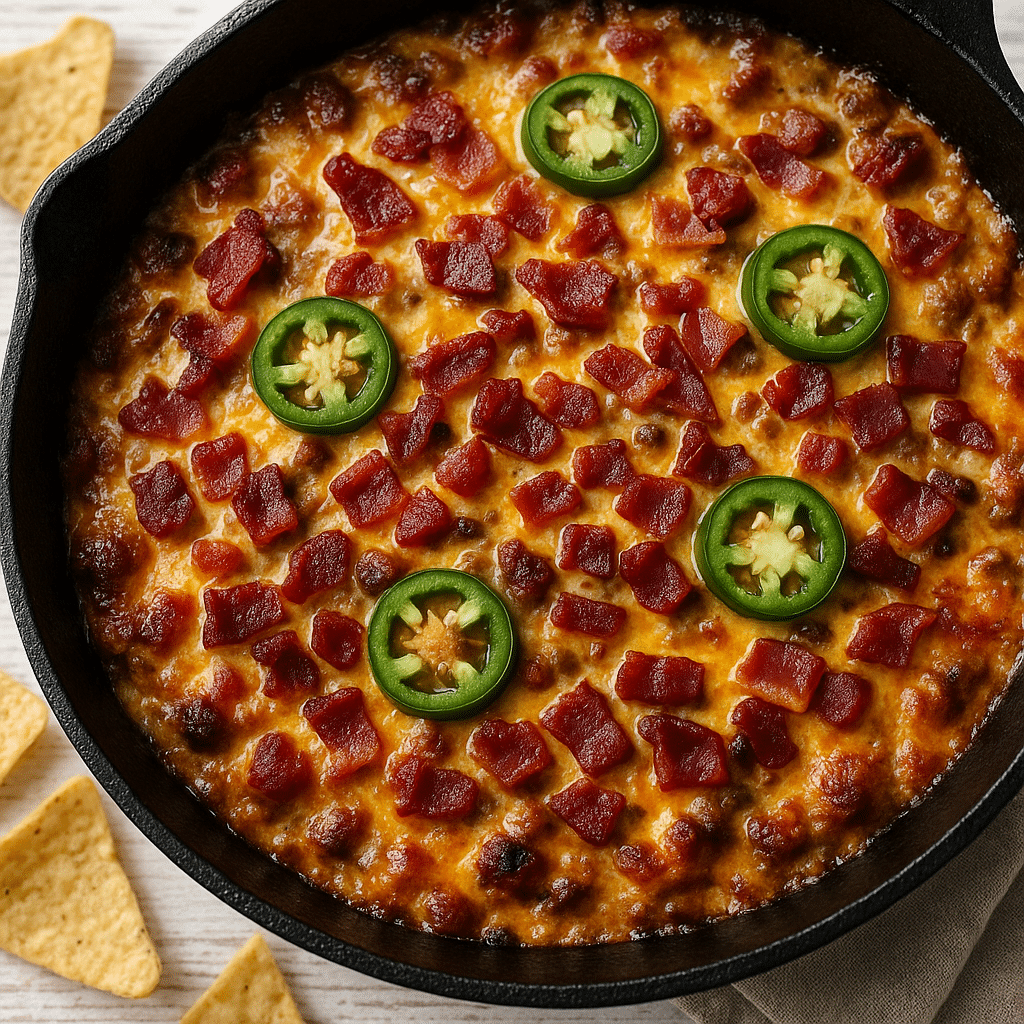 Spicy Bacon Cheeseburger Dip served hot with bacon, cheese, and jalapeños