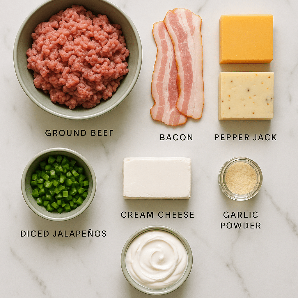 Ingredients for spicy bacon cheeseburger dip including beef, bacon, cheese, and jalapeños