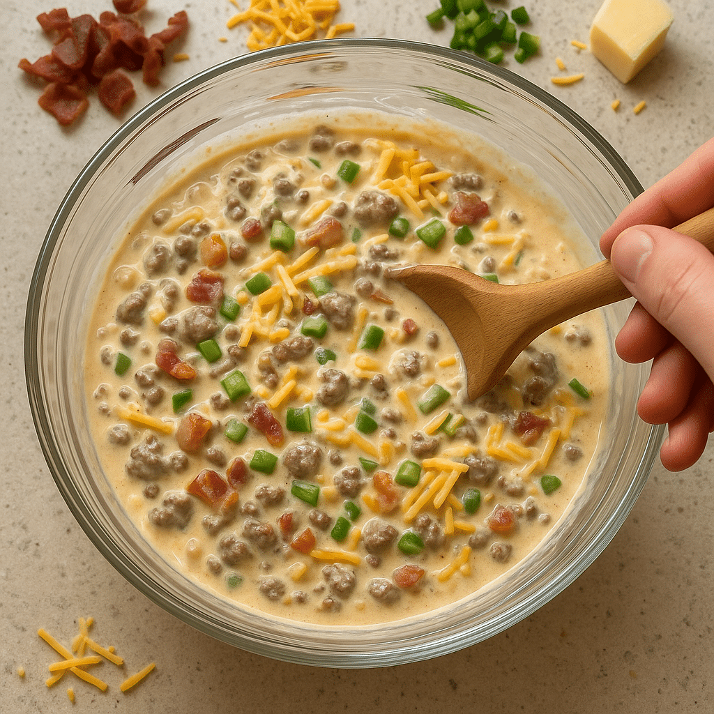 Mixing spicy bacon cheeseburger dip ingredients in a bowl