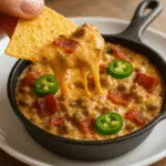 Close-up of chip scooping spicy bacon cheeseburger dip