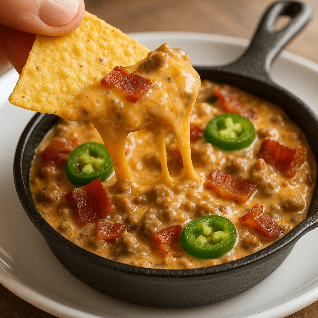 Close-up of chip scooping spicy bacon cheeseburger dip