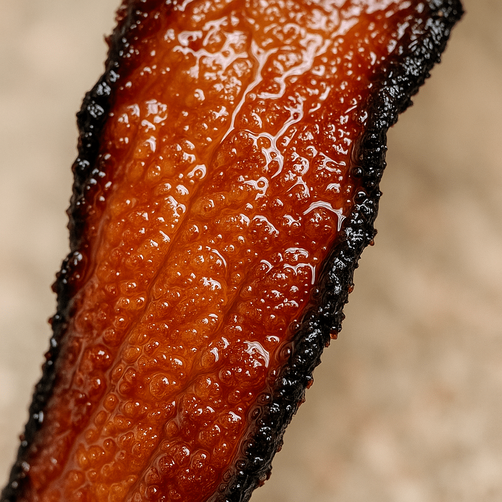Close-up of swicy bacon glaze showing glossy caramelized texture and crispy edges