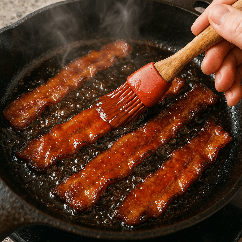 Swicy bacon glaze being applied to sizzling bacon strips in cast iron skillet