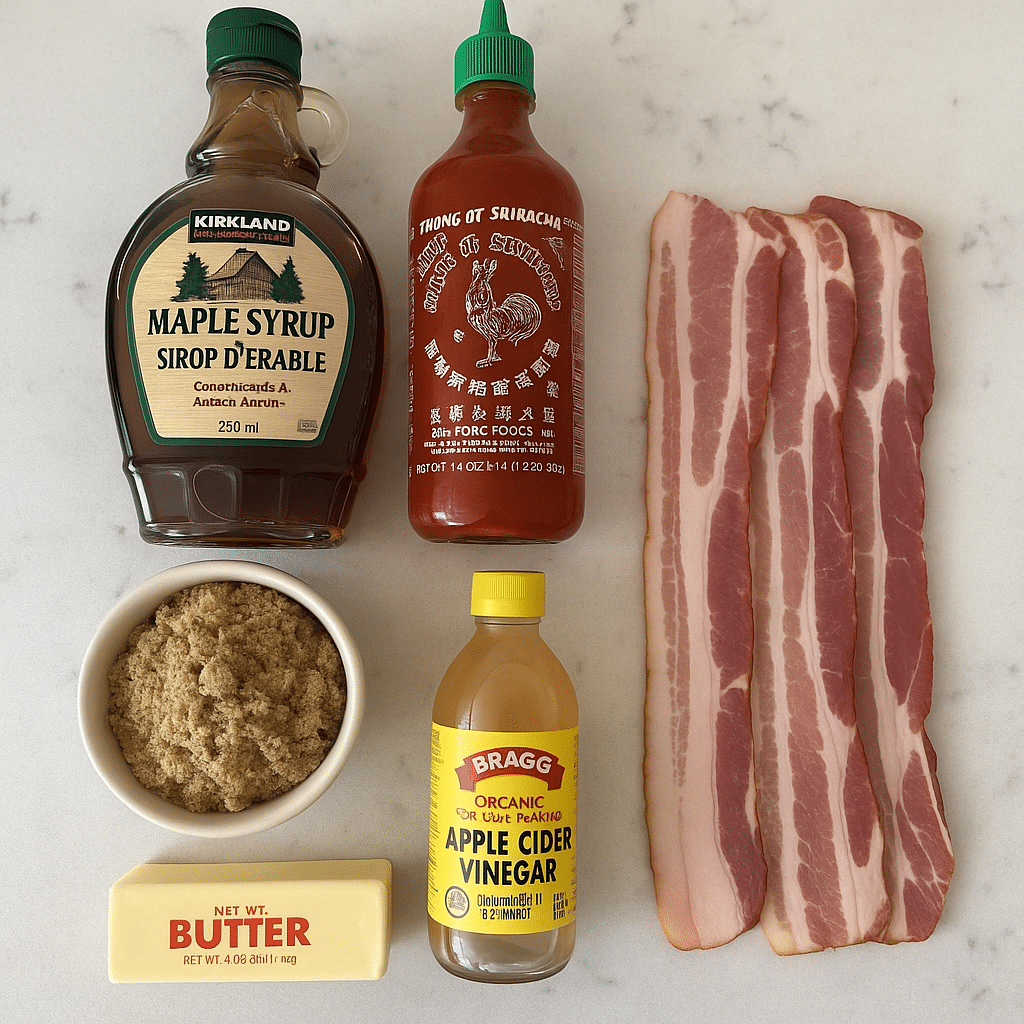 Swicy bacon glaze ingredients including maple syrup, sriracha, brown sugar, and thick-cut bacon