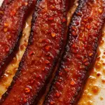 Swicy bacon glaze coating thick-cut bacon strips with caramelized maple syrup and sriracha