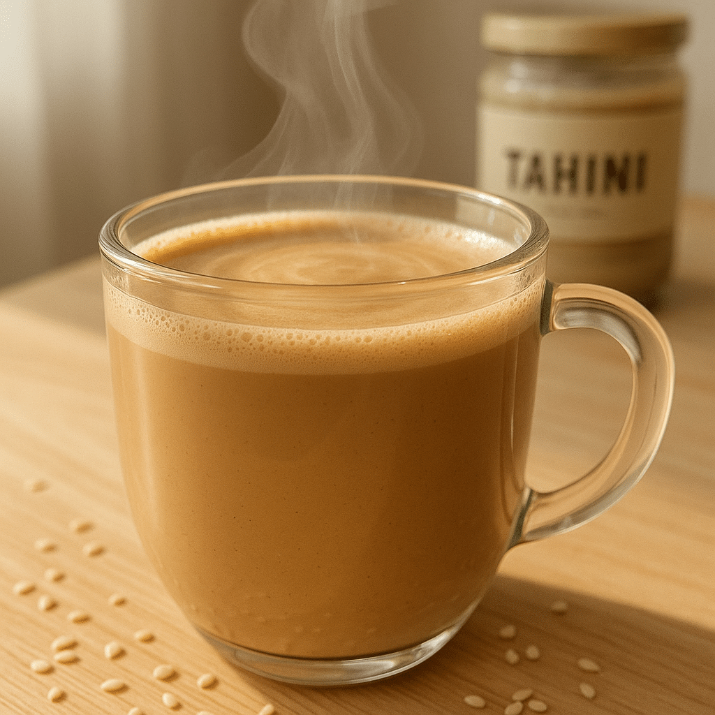 Creamy tahini coffee in a glass mug on a wood table