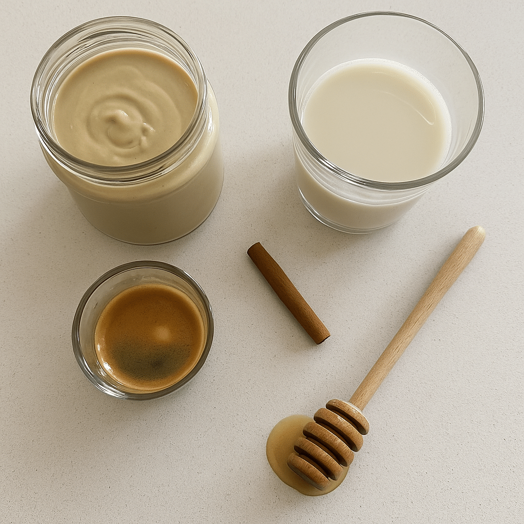 Ingredients for making tahini coffee on a white counter