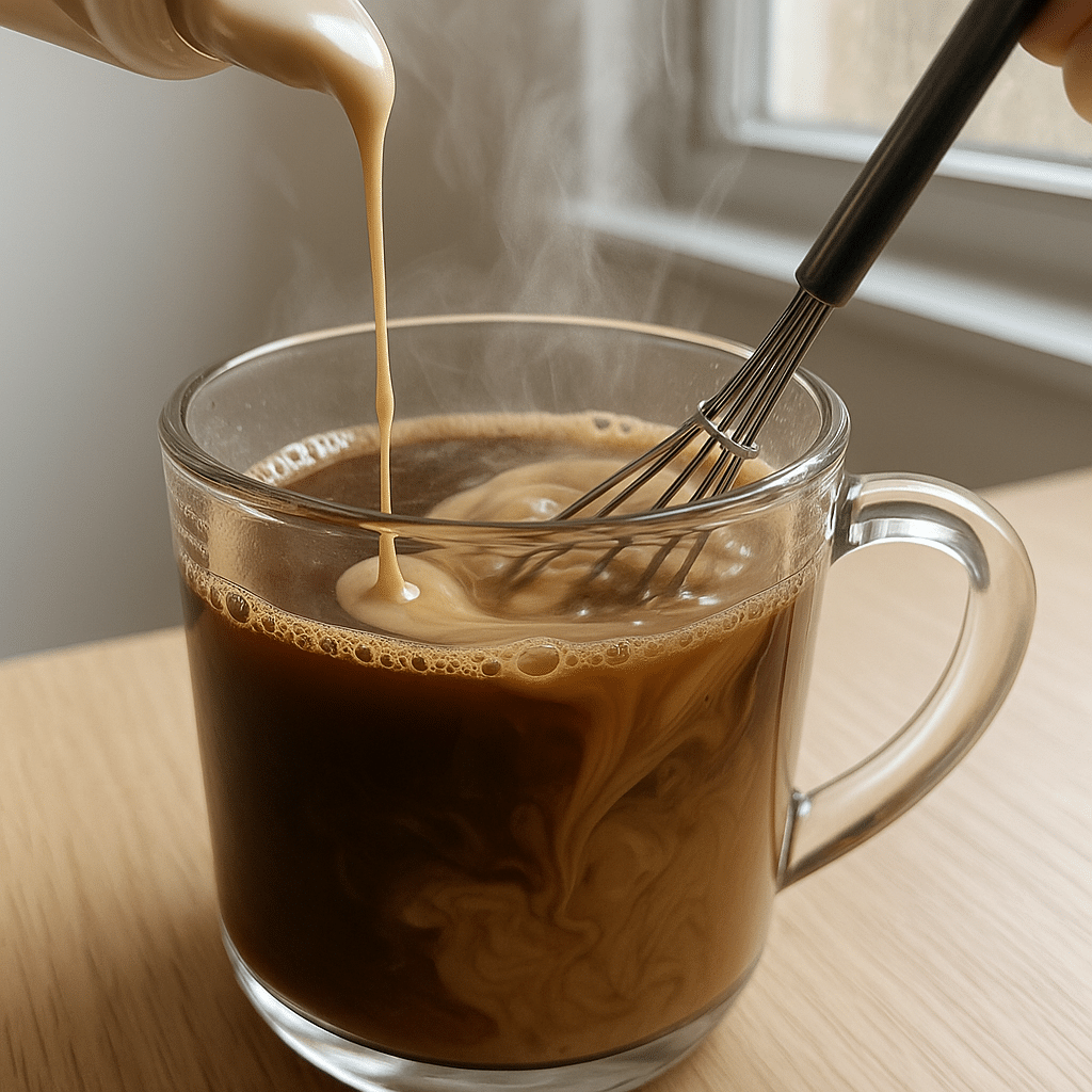 Pouring tahini into hot coffee while mixing with a whisk