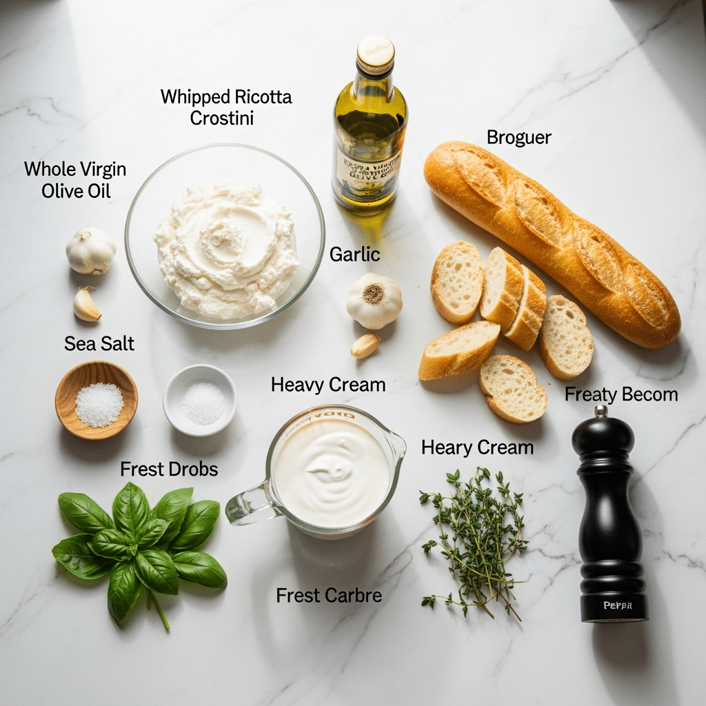 Whipped ricotta crostini ingredients including ricotta cheese, baguette, olive oil and fresh herbs