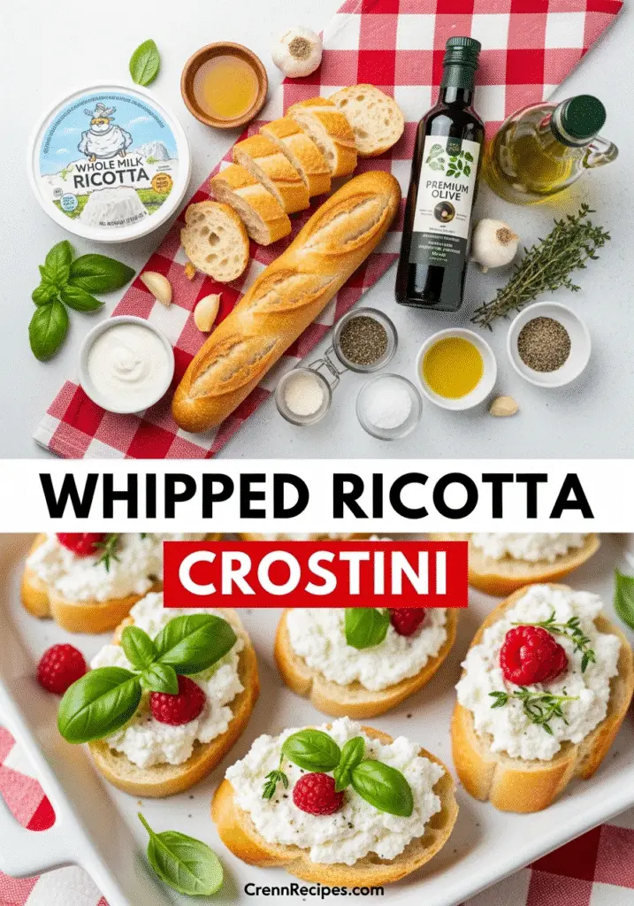 Pinterest-optimized whipped ricotta crostini recipe image with ingredients and finished appetizers
