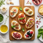 Whipped ricotta crostini recipe with fresh ingredients and finished appetizers on marble and wood surfaces
