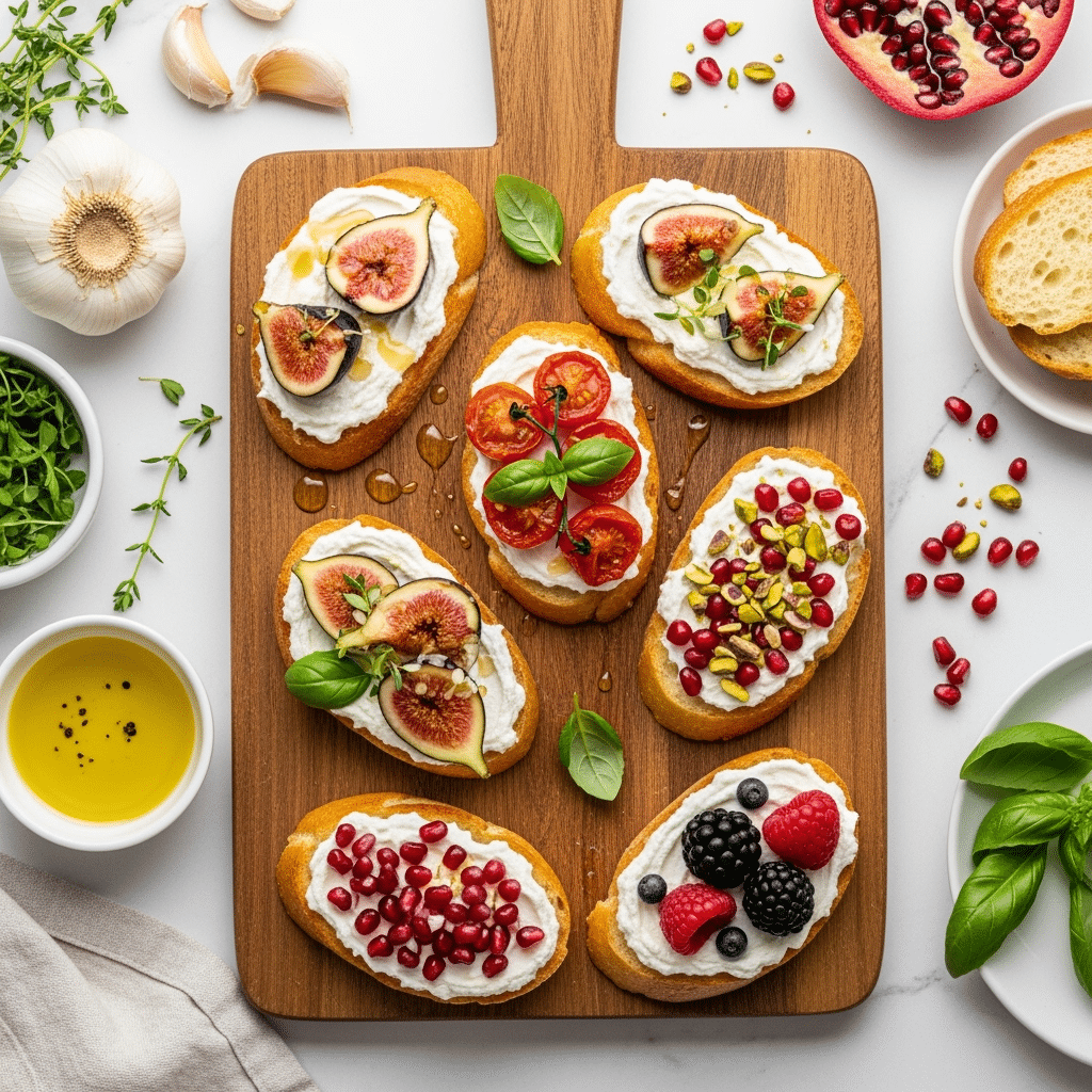 Whipped ricotta crostini recipe with fresh ingredients and finished appetizers on marble and wood surfaces