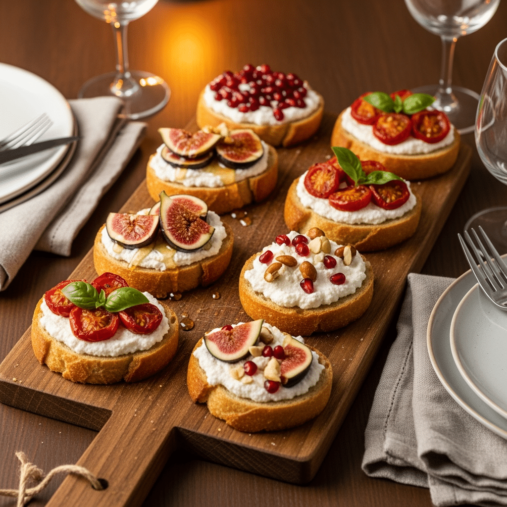 Elegant whipped ricotta crostini served on wooden board with wine for entertaining