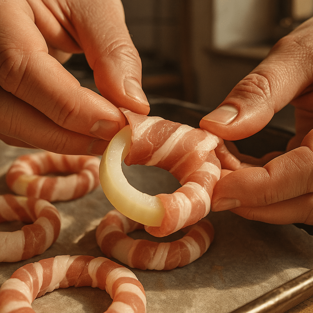 Wrapping bacon around raw onion rings on a baking tray