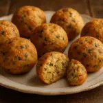 Golden 1940s bread stuffing balls on vintage plate showing crispy exterior and fluffy interior