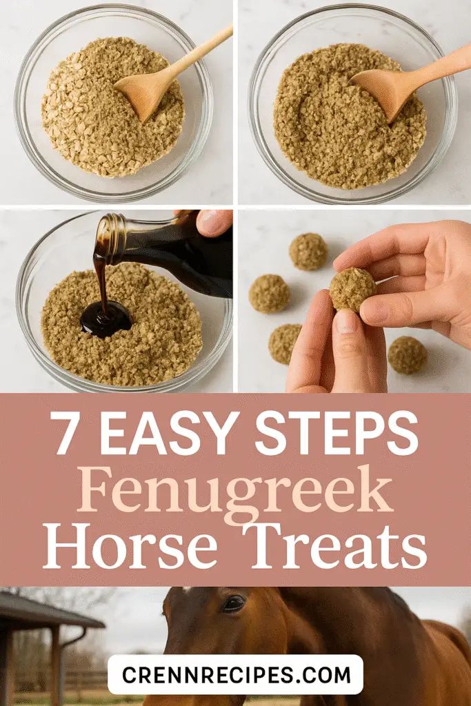 7 easy steps fenugreek horse treats recipe process - mixing, baking, horse enjoying treats CrennRecipes tutorial